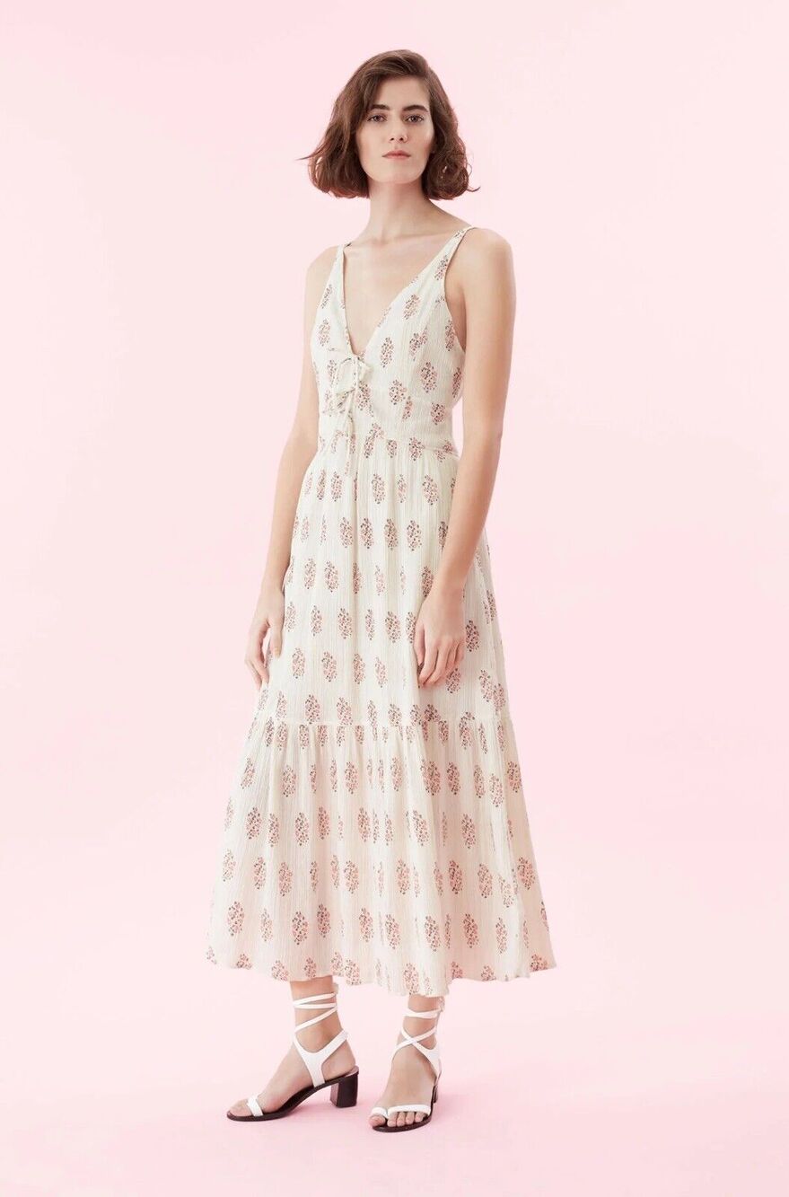 Rebecca Taylor La Vie Jaipur Fleur Off White Beige Floral Pink Maxi Dress XS EUC